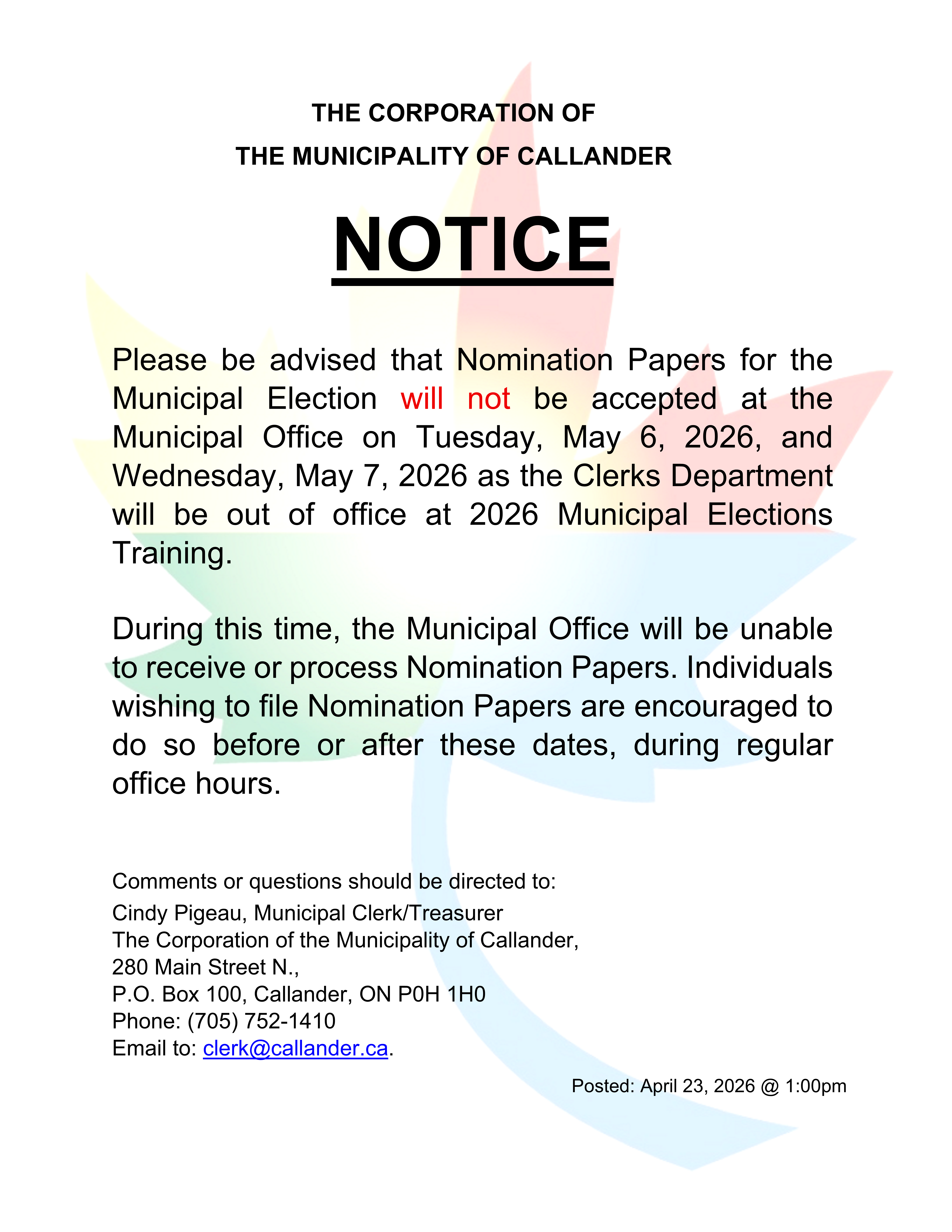 Notice Regarding Nomination Papers